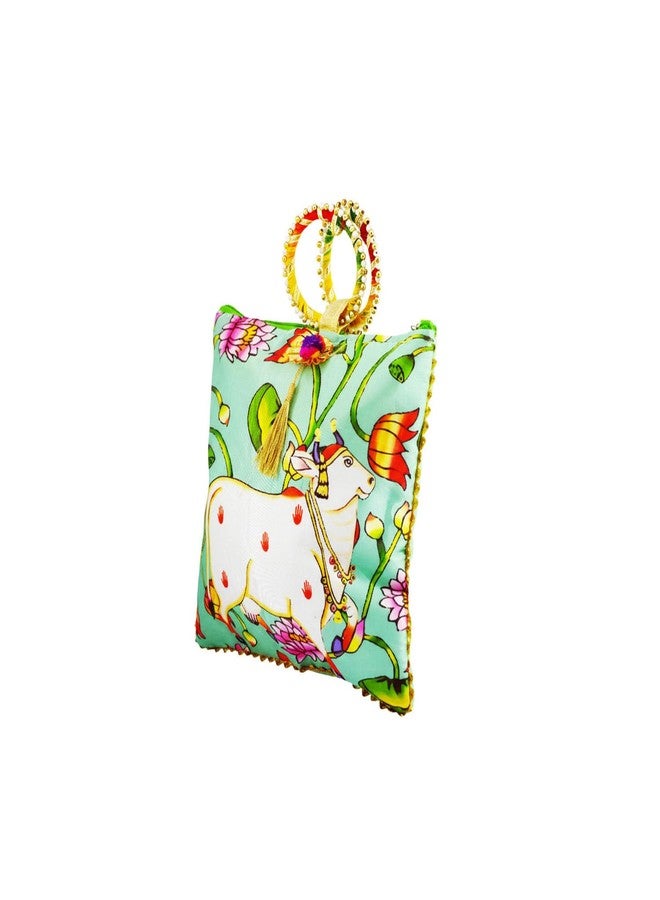 TAVASYA Traditional Potli Gift Bags with Zip & Bangle Handle - Pack of 5 - Cow Design | Return Gift Bags for Weddings, Pooja, Baby Shower, Housewarming, Festivals & Functions - Image 5